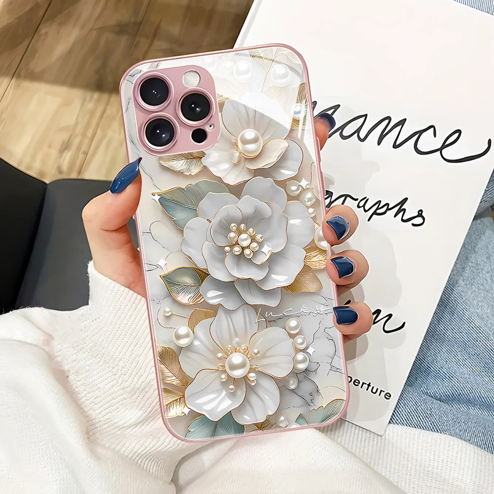 Pink Flower Tempered Glass Phone Case For Samsung S26 Ultra S25 S24 S23 S22 Plus A57 A56 A55 A36 A35 A26 A17 A16 A07 A06 Cover