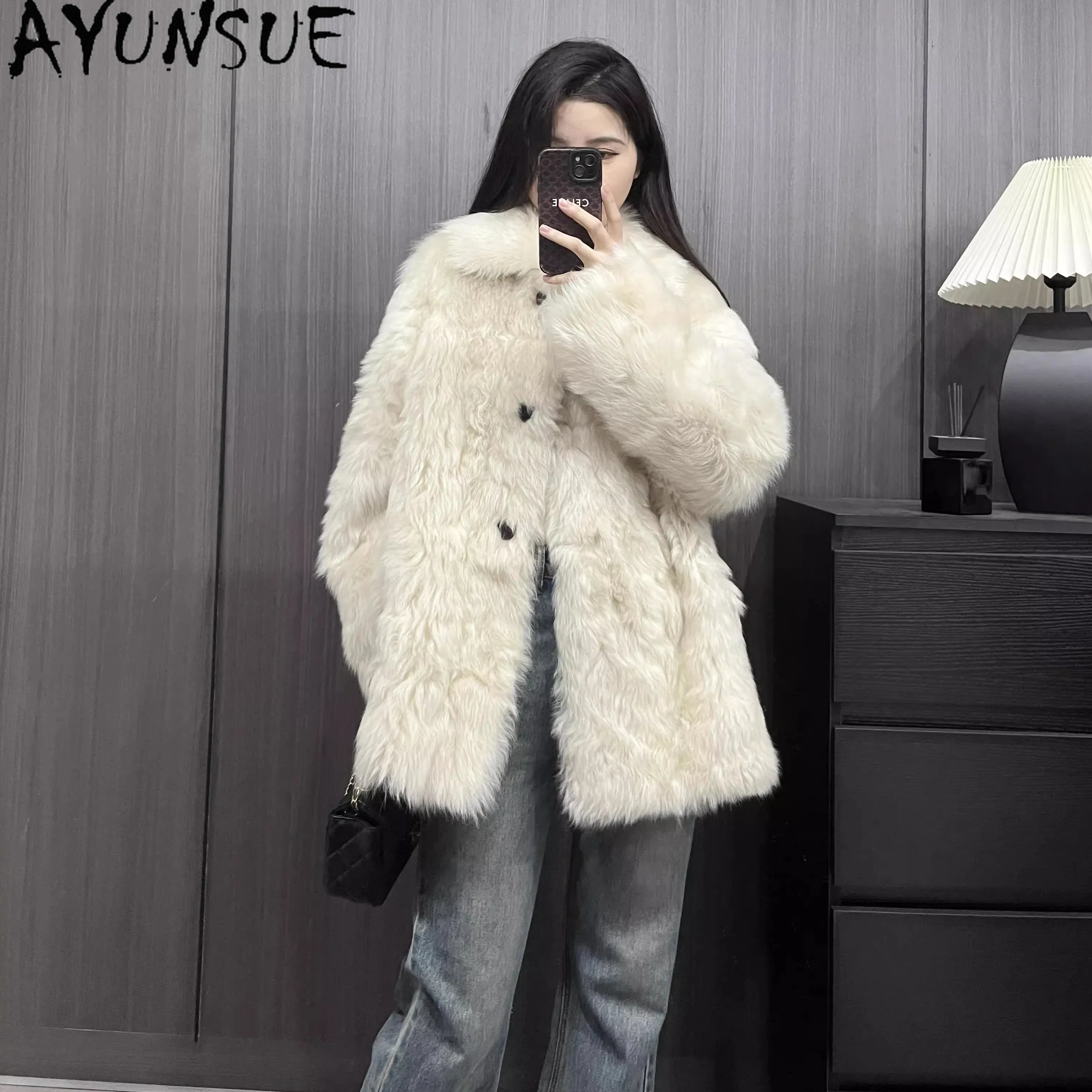 AYUNSUE 2025 New Double Sided Shearling Jacket Woman Mid Length Natural Wool Jacket Women Clothes Luxury Fur Jacket Abrigo Mujer