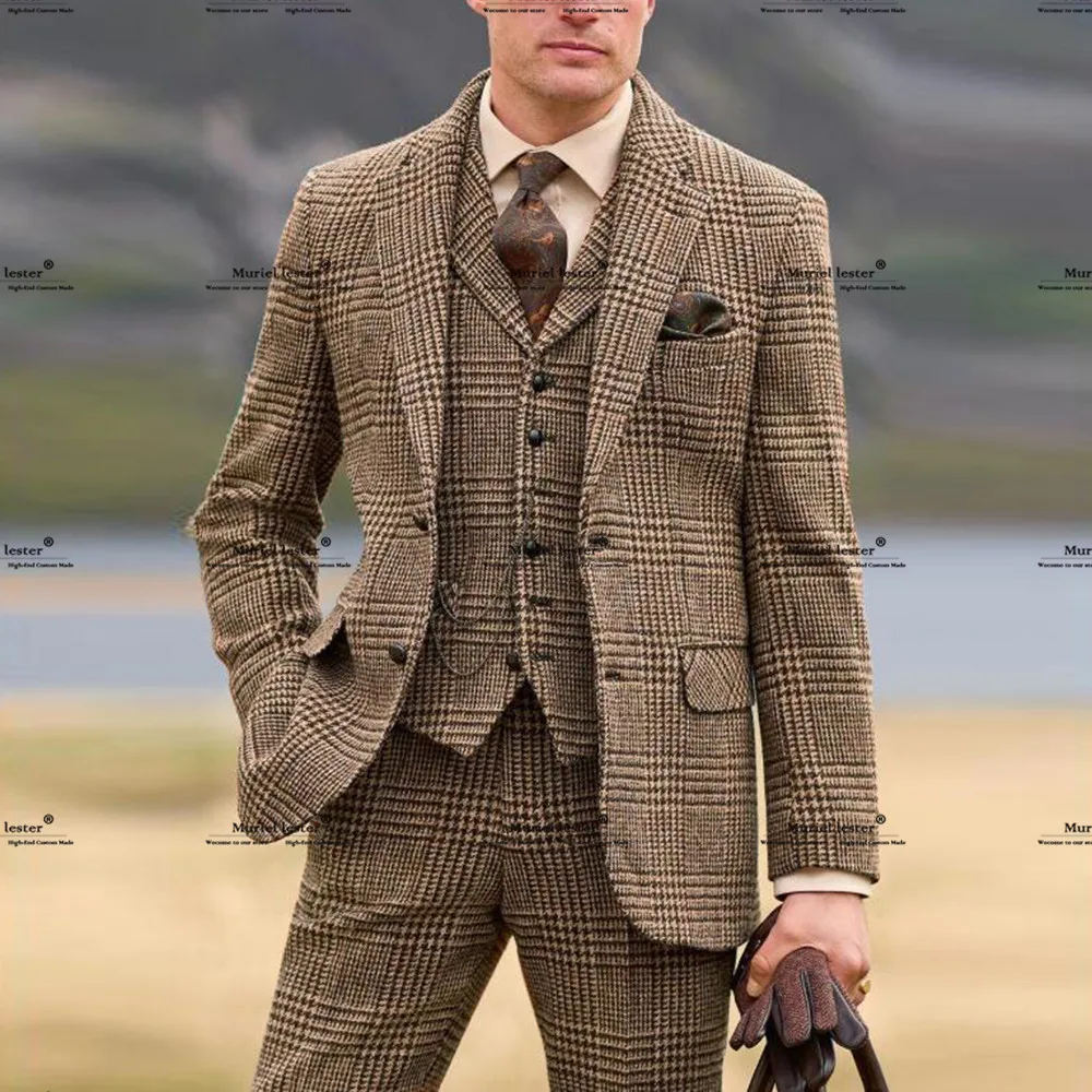 

Classic Houndstooth Plaid Suits Men 3 Piece Set Single Breasted Jacket Vest Pants Customized Groom Wedding Tuxedos Outfits 2026