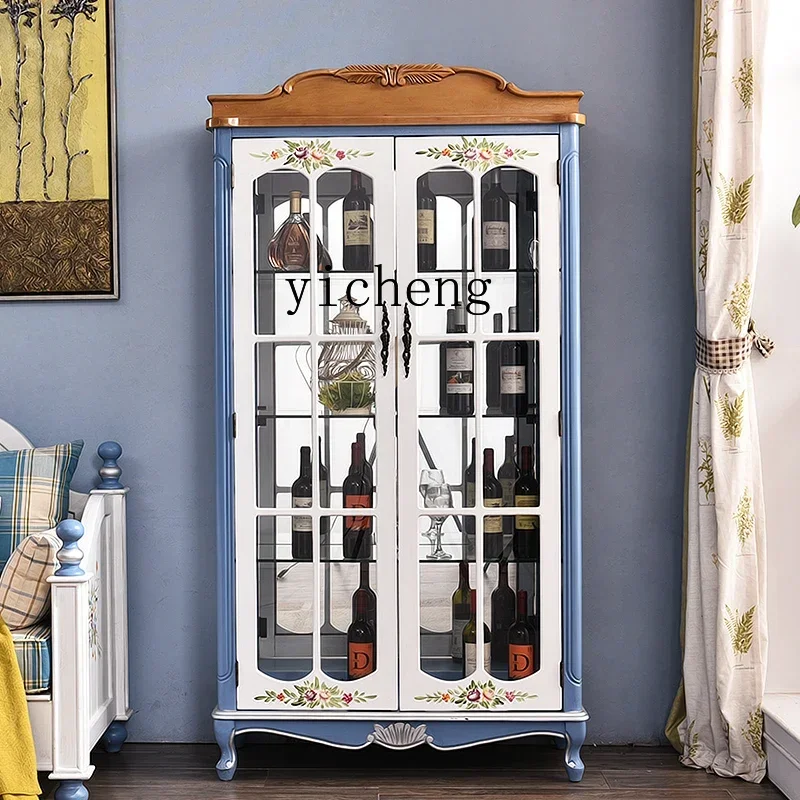 v9.9-Glass Solid Wood  Cabinet Living Room Curio Cabinet Mediterranean Double Door Dining Side Retro Display Cabinet Pastoral