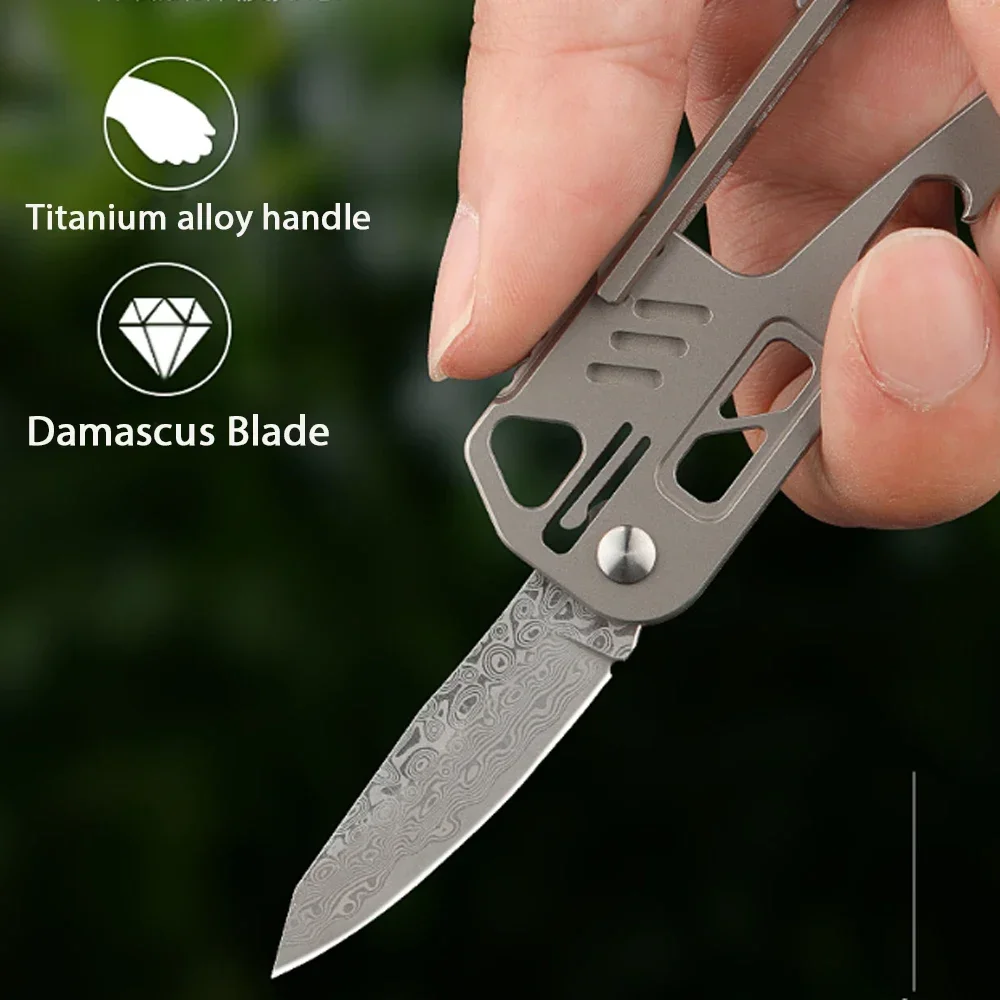 New Damascus Blade Titanium Alloy Handle Folding Knife Outdoor Mountaineering Chain Keychain Outdoor Camping Portable Knife