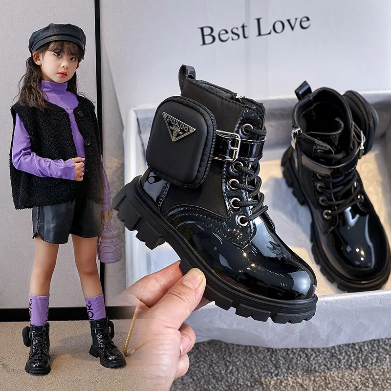 

Детские ботинки, модная обувь из лакированной кожи для девочек, ботильоны в британском стиле, теплые плюшевые ботинки для снега, водонепроницаемая Нескользящая детская обувь