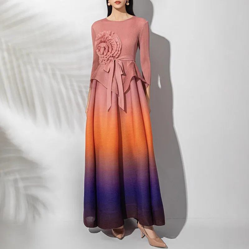 YFPF أنيقة التدرج فستان طويل المرأة مياكي مطوي ثلاثية الأبعاد زهرة تقسم الدانتيل متابعة تجمع الخصر فساتين الحفلات موضة 2026 جديد