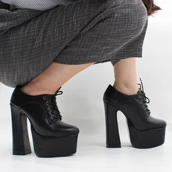 jialuowei Brand Womens Chunky Block Heel Platform Shoes Pointed Toe Lace-up Vintage 15CM Super High Thick Heel Shoes Size 36-46