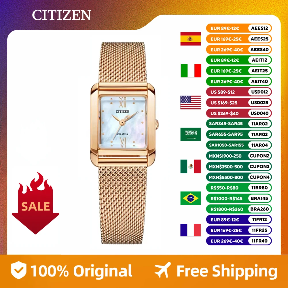 CITIZEN Original  Japan Watch  Girlfriend Light Kinetic Square Stainless Steel Fashion Business Casual Women's Watch Quicksand