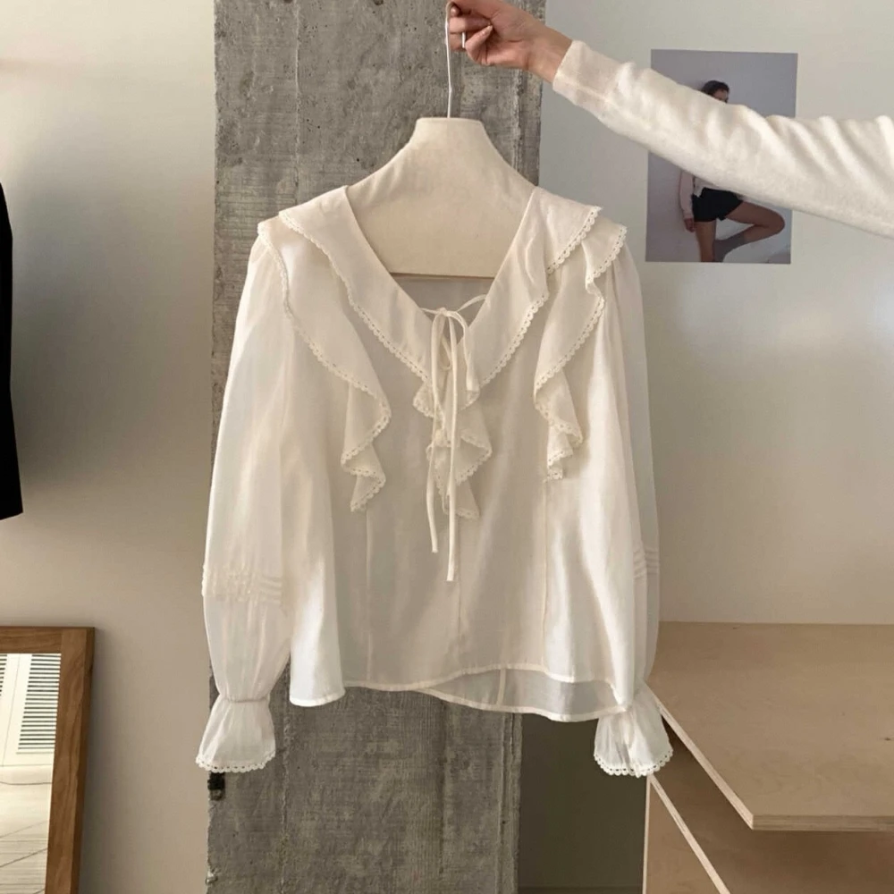 แฟชั่นหวาน Tencel เสื้อผู้หญิงเกาหลีฤดูใบไม้ผลิฤดูร้อน Ruffled เสื้อ V คอยาวแขนยาว Beige เสื้อ