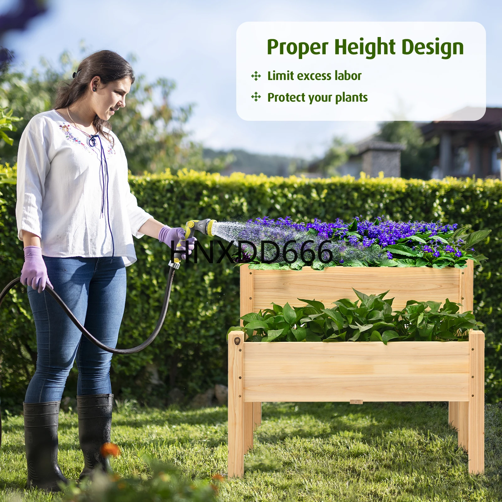 Patiojoy 2段木製上げ底菜園ベッド高架プランターボックス 脚付き 排水穴付き