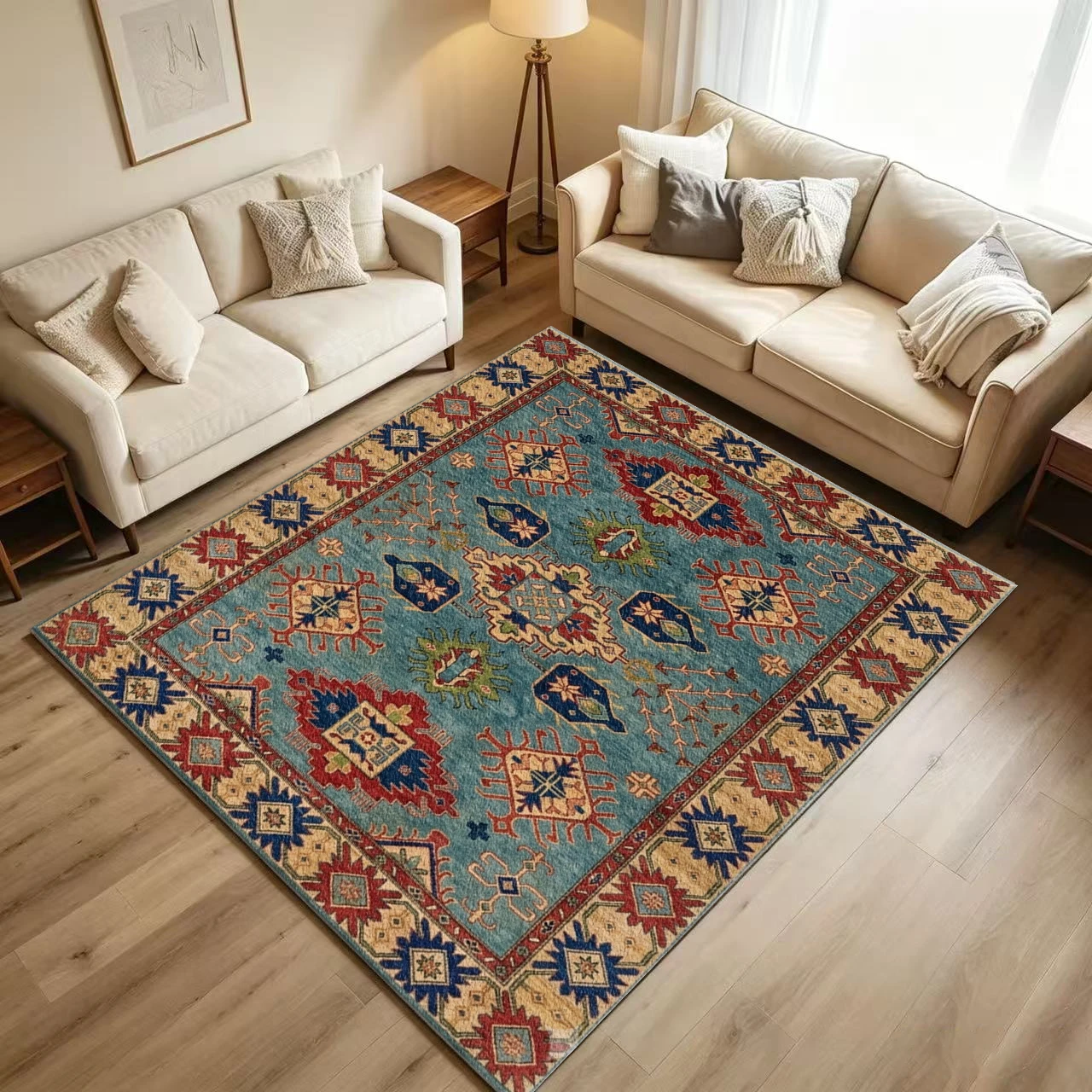 Turquoise Blue Traditional Kazak Geometric Area Rug Non Slip Washable Bohemian Living Room Carpet