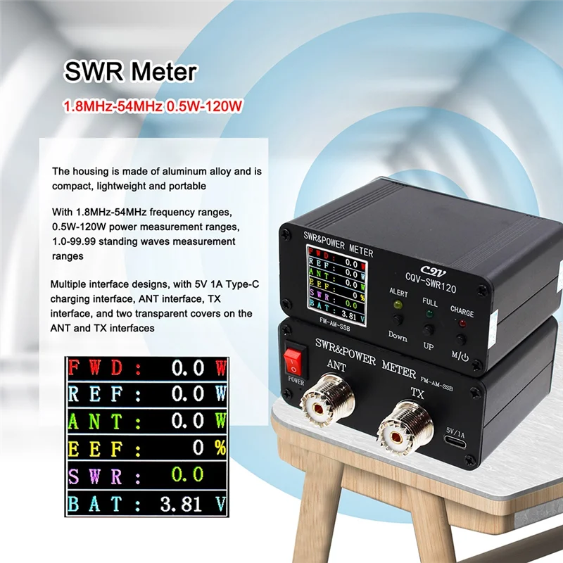 

NEW CQV-SWR120 120W SWR Power Standing Wave Meter High Standing Wave Alarm Function 240 x 240 Full Color Display FM-AM-SSB