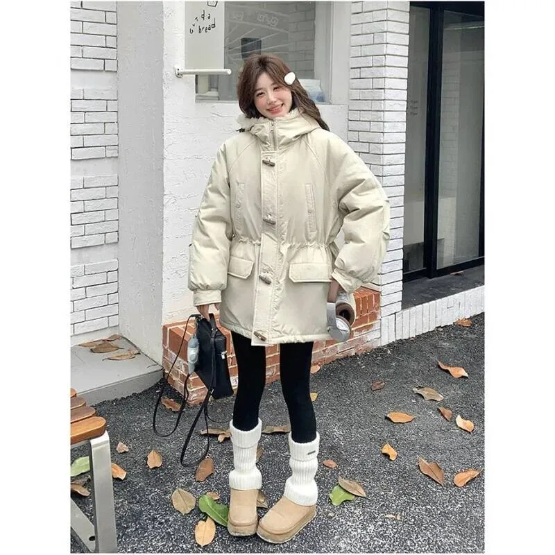 Damen-Winter-Parka-Mantel, Lammfell-gefüttert, mit Kapuze, Baumwolljacke, beige, koreanischer College-Stil, warm, verdickt, 2025, Neuankömmling
