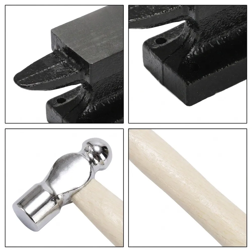 1set Compact Cast Iron For Anvil Wooden Hammer Set Dual-Sided For Anvil Ball Peen Hammer For Jewelry Crafting & DIY