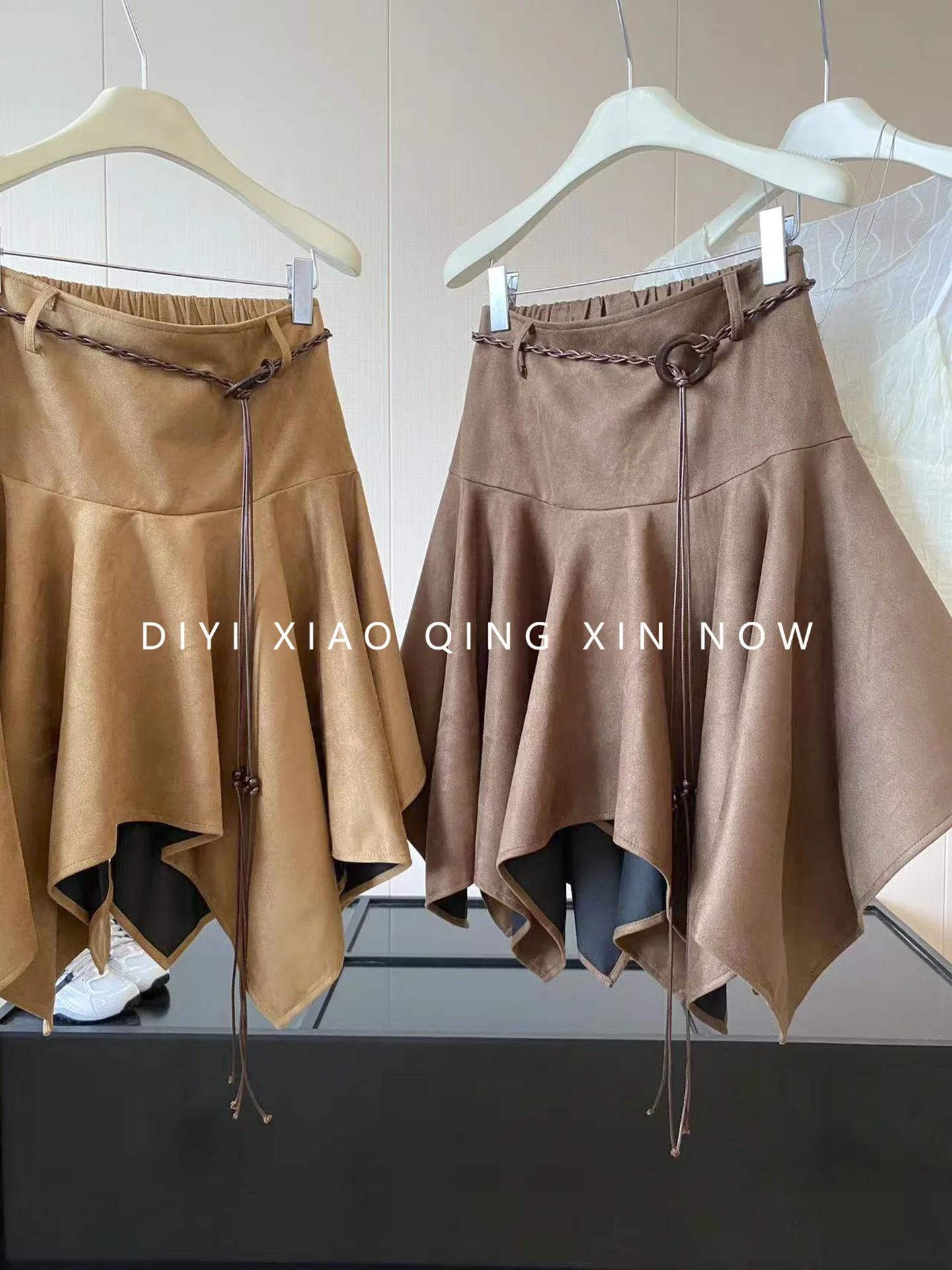 DIYI Artistic Vintage Suede Asymmetrical Midi Skirt Women's Early Autumn High Waist Draping A-Line Skirt Polyester Fiber