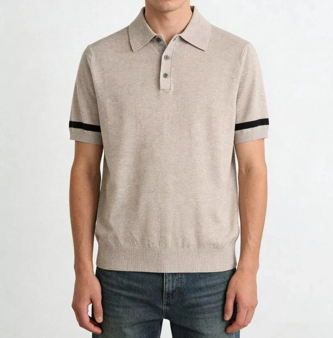 Italian old money style 26BC spring and summer cotton and linen wool blended half zipper lapel short-sleeved casual polo shirt