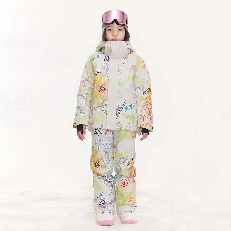 2025 New Winter Warm Girl Print Skiing Suits Windproof Waterproof Outdoor Children Set Polyester Hooded Zipper Snowboarding Set