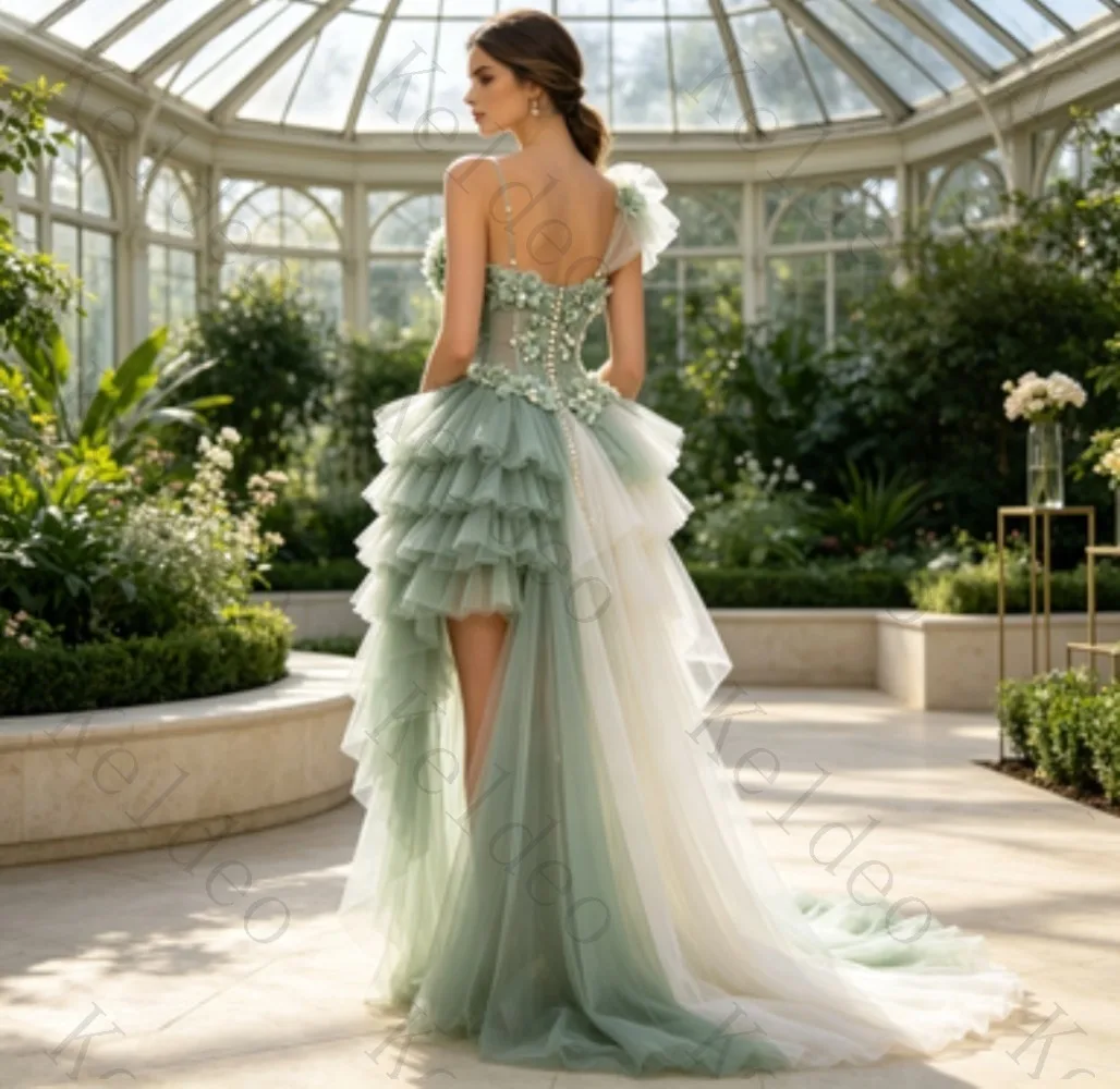 Customized Sweetheart High Low Evening Dress One‑Shoulder 3D Floral Corset Bodice Layered Ruffle Tulle Sweep Train Formal Prom