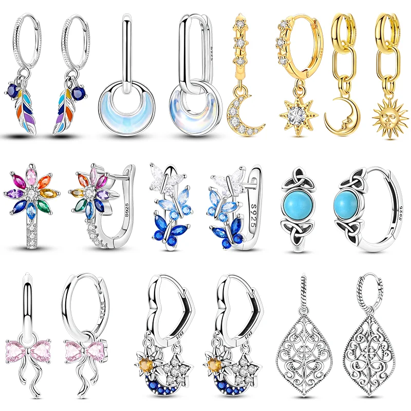 

925 Sterling Silver Earrings Sparking Feather Bow Butterfly Stars Hoop Earrings For Women Girls Jewelry Gifts