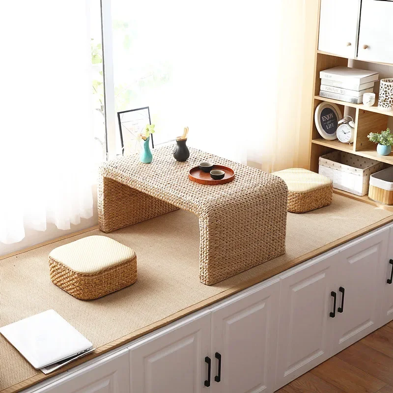 Japanese Tatami Table with Woven Mat Window Sill Tea Table Low Profile Creative Coffee Compact Bedroom Accent Piece  Asian Decor