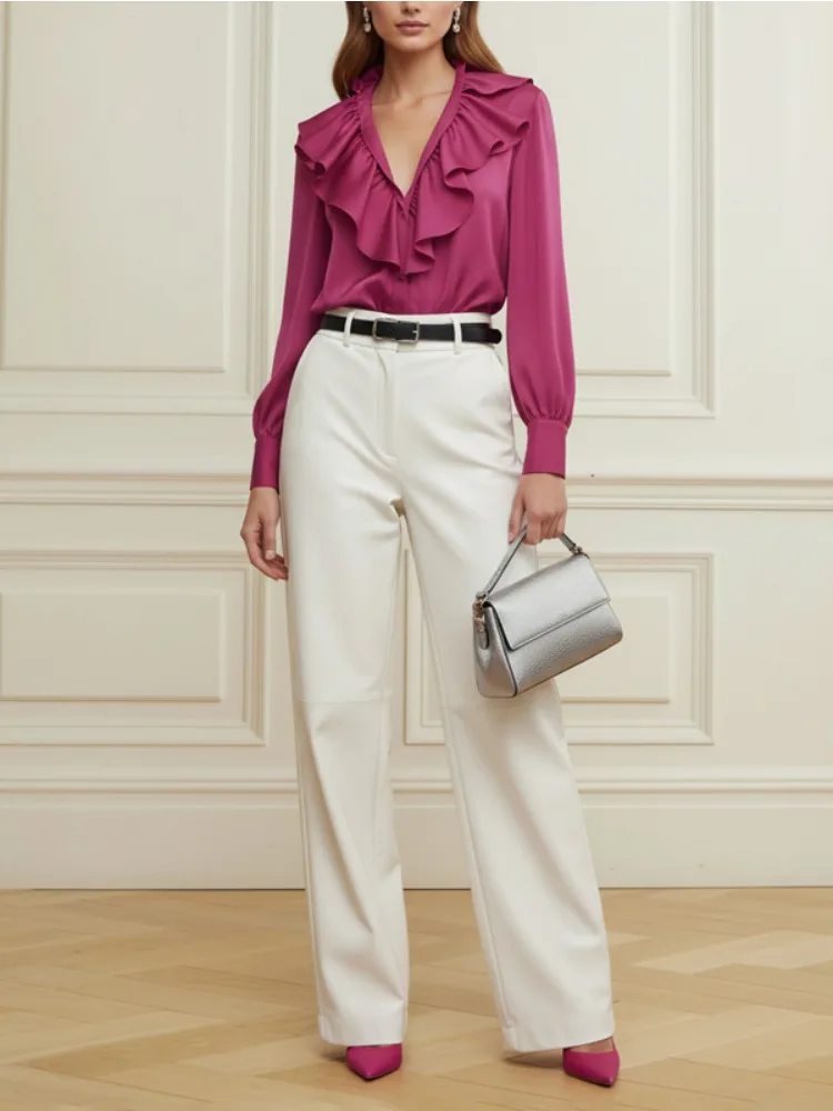 

Bonboho Women's Stylish V-neck Long Sleeves T-shirt 2026 Stylish Rose Red Ruffle Collar Buttoned Loose Fit Shirt Elegant Blouse