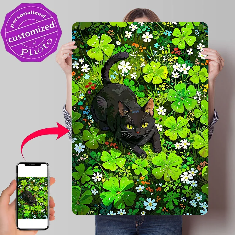 Black Cat in Clover Field 3D Texture Printed Poster Custom Vintage Metal Tin Plate Sign for Wall Art Gaming Room Decoration Man