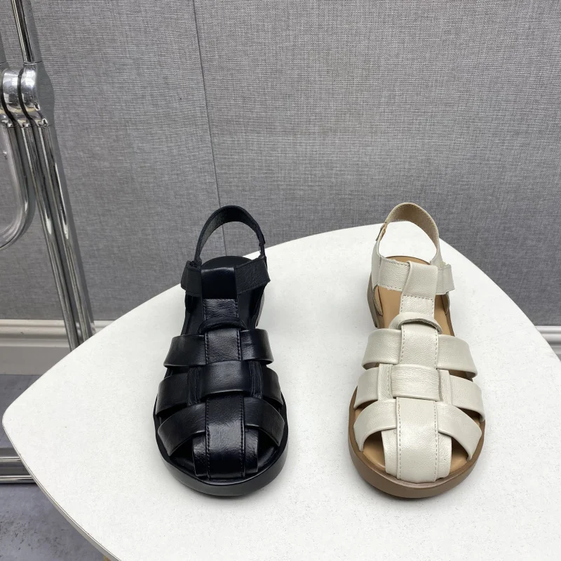 كعب منخفض عادية Roman oes المرأة الصنادل الجلدية شقة بوت رئيس طبقة جلد البقر ماجيك الشريط تو تغطي الصيف وصول جديد #2