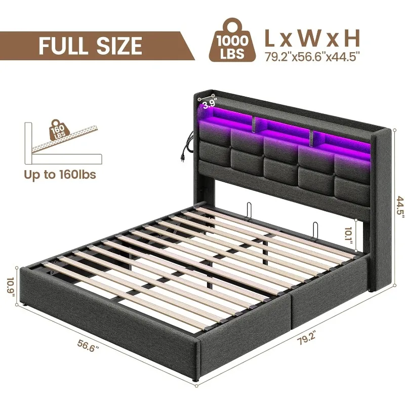 Lift Up Size Bed Frame with Storage, Upholstered Full Bed Frame with LED Lights Headboard and Charging Station, No Box Spring