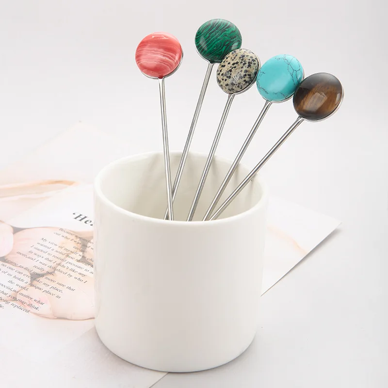 Nordic 304 Stainless Steel Tea Mixing Spoons Macaron Color Stone Coffee Stirring Stick Long Handle Dessert Scoops Kitchen Items