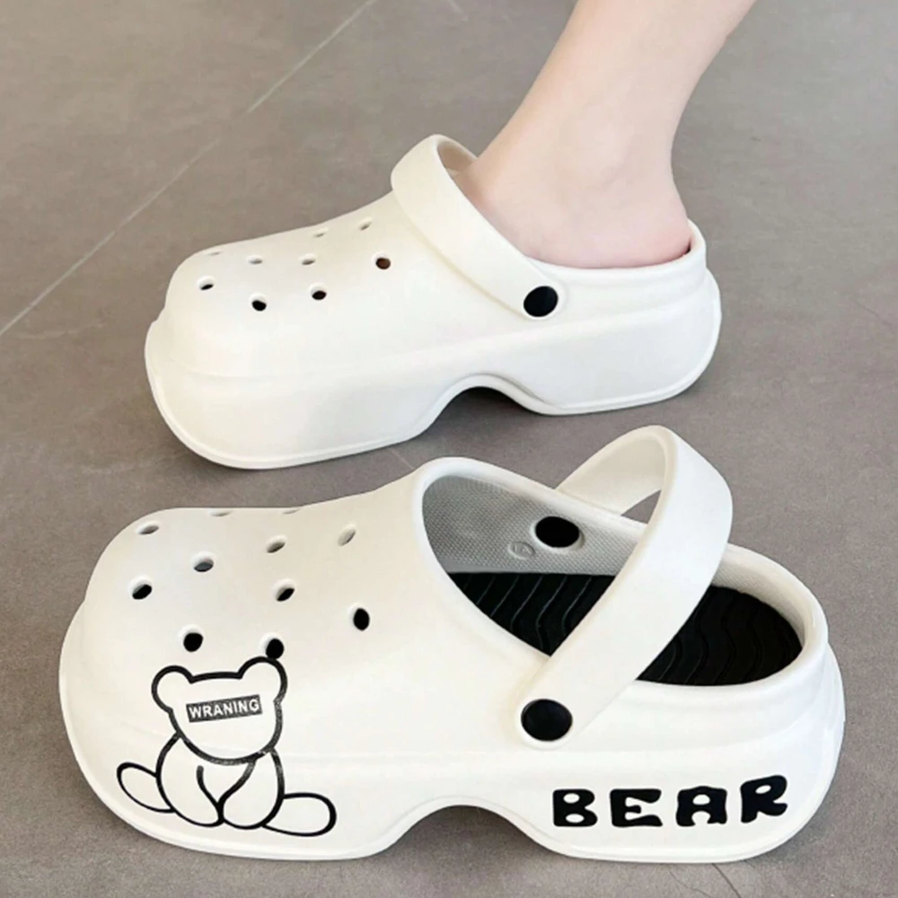 Fashionable Women Cute Cartoon Bear Pattern Eva Super Comfortable Anti-Skid Casual Personality Suitable High Heeled Hollow Shoes