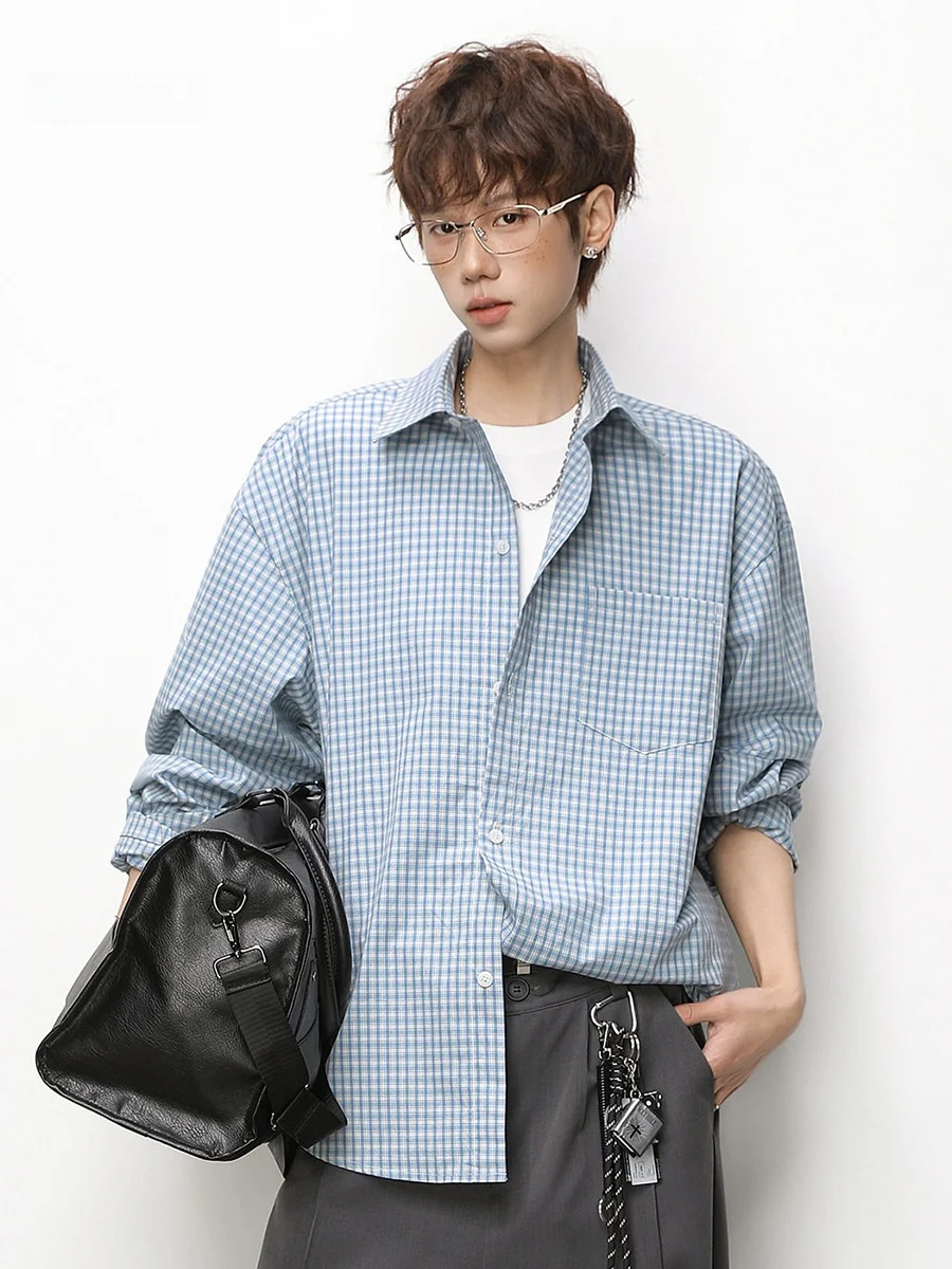 

Blue Plaid Long Sve irt Men's Casual Layering Loose Spring 2026 College Sle Outerwear Cotton Polyester Blend