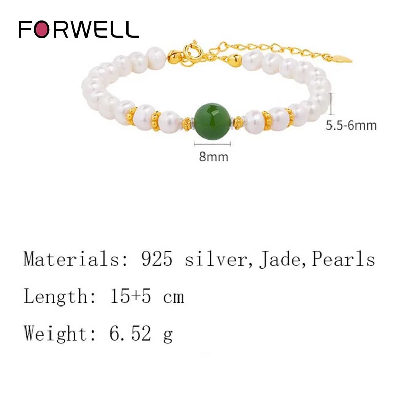 FORWELL New Arrival Women's S925 Sterling Silver Luxury Bracelet with Natural Freshwater Pearls and Hetian Jade Beads