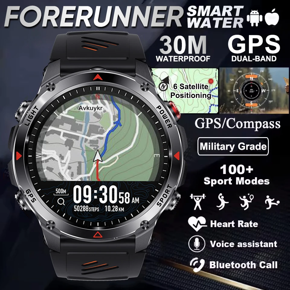 New 540mAh Men Smart Watch GPS Compass Outdoor Sport Fitness 3ATM Waterproof LED Flashlight Altimeter Bluetooth Call Watches Men