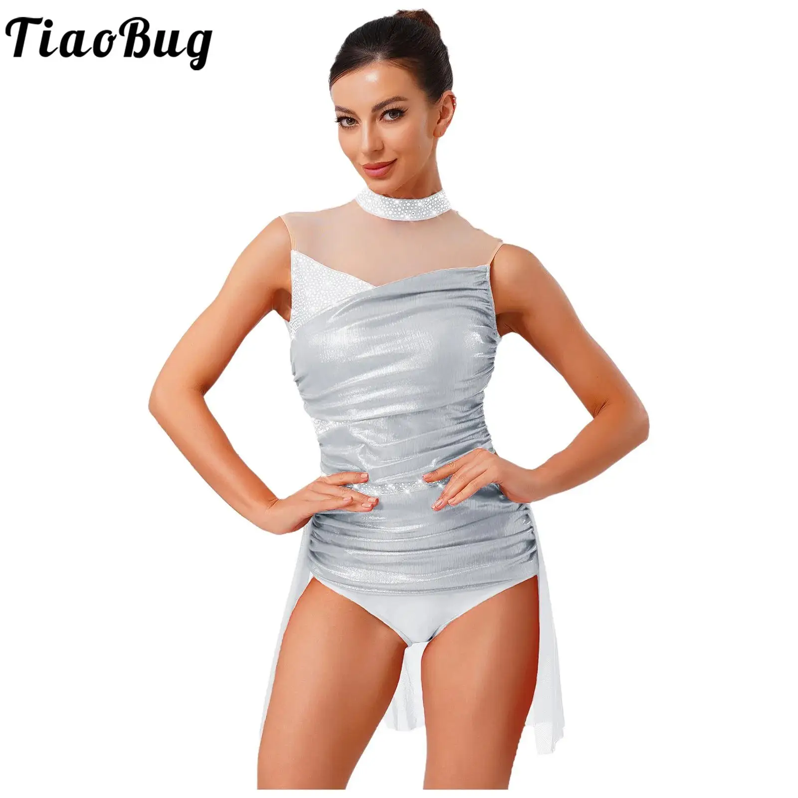 

Women Shiny Lyrical Figure Skating Rhythmic Gymnastic Costumes Leotards Metallic Sleeveless Bodysuits Dress Performance Costumes