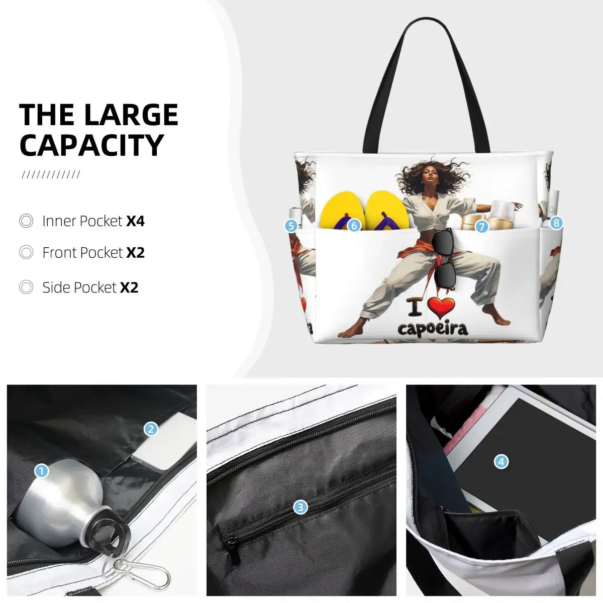 Dynamic Capoeira Art I Love Capoeira Design Beach Tote Bag Sport Gym Yoga Duffle Large Tote Bag Women Travel Bag Fitness bag