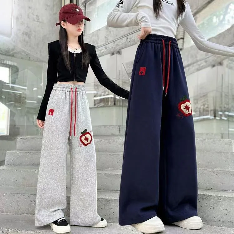 Children Flower Embroidery Straight Leg Pants Girls Cotton Casual Trackpants Sporty Trousers Kids Autumn Wide Leg Sweatpants