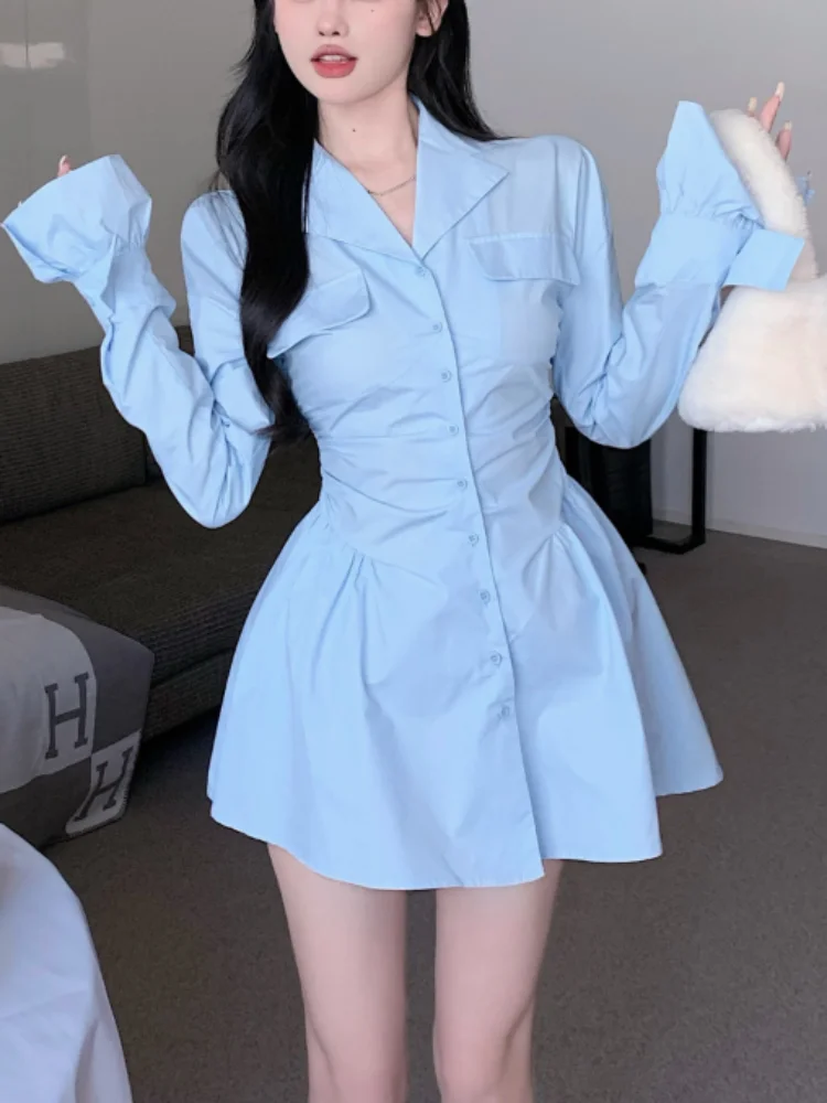 

Blue Fashion Elegant Shirt Dress Women Ruffled Korean Designer Party Dress Female Button Casual Vintage Dress 2023 Autumn New