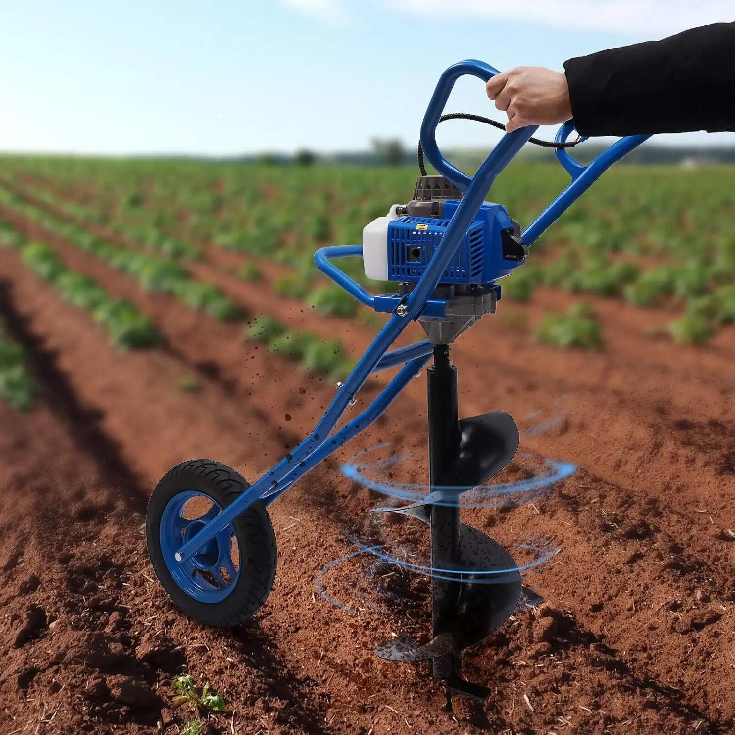 Gas Powered Post Hole Digger, 63Cc 3 Earth Auger Borer Ground Digging Drill Wheelbarrow For Farm Garden Plant (Blue)