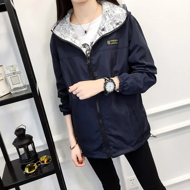 2025 Spring Autumn Women Jacket Fashion Hooded zipper Windbreaker Famale Two Side Wear Cartoon Print Outwear Loose Bomber Jacket