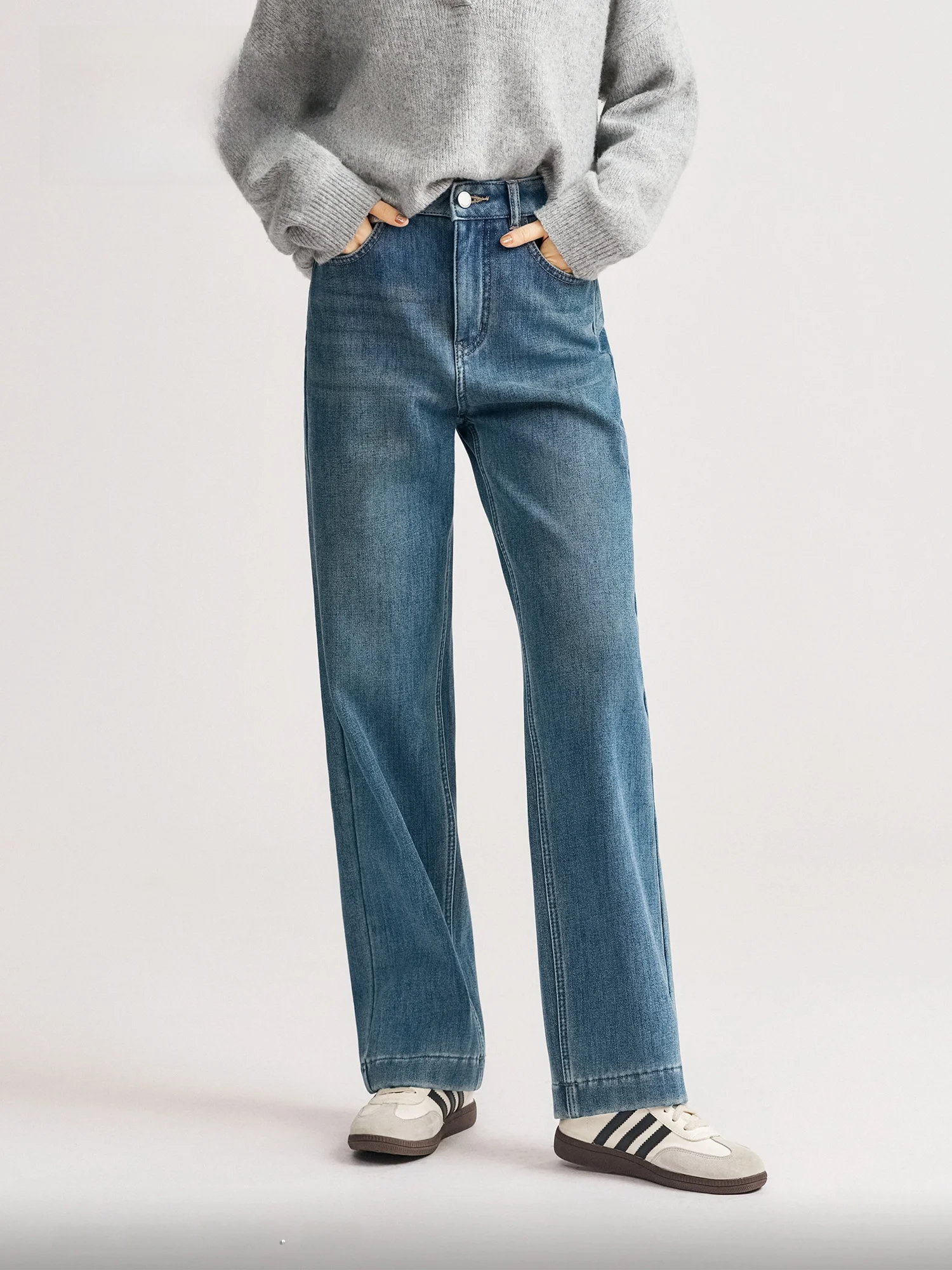 

Джинсы прямого кроя для похудения, средне-синие, универсальные, с высокой талией, женские, хлопковые, на пуговицах, для повседневной носки