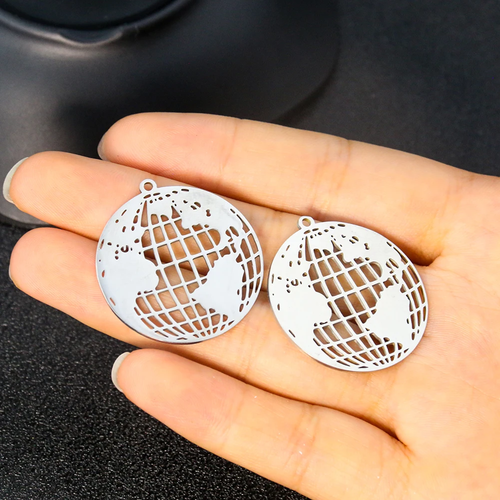 2pcs Metal Stainless Steel Earth Pendant Laser Carved Hollow Globe Charms DIY Necklace Earrings Dangle Jewelry Making Material