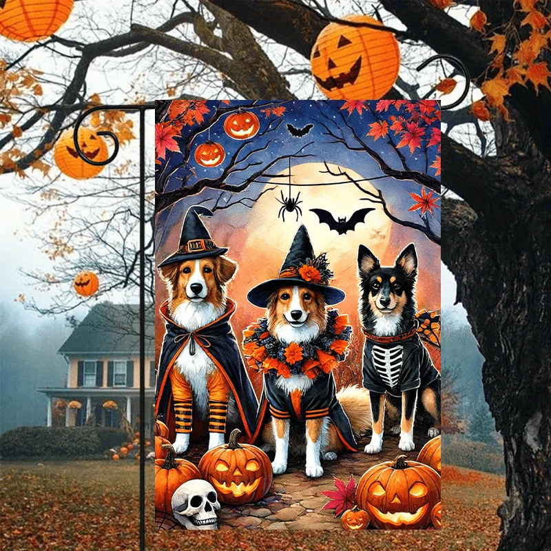 2D Flat, 1pc, Double Sided Halloween Garden Flag - 2D Flat Puppy Dog and Pumpkin Design, Yard Flag, Perfect for Yard, Lawn and Outdoor Decorations, Garden Decorations, Party Decoration Supplies, 12x18 Inch, Flagpole Not Included, 2D Flat, Festive