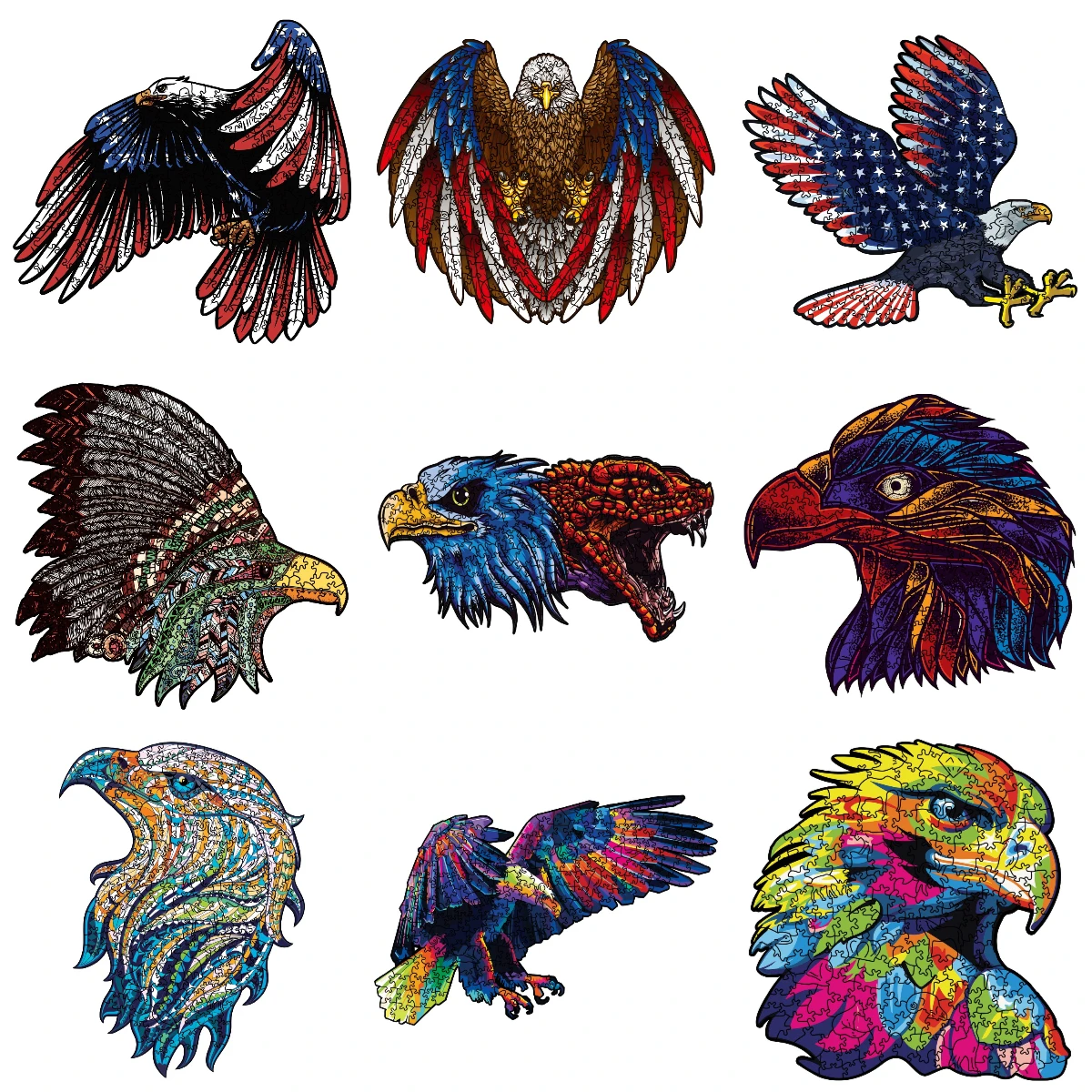 Wood Jigsaw Puzzles Montessori American Flag Eagle Animal Wood DIY Crafts Animal Shaped Jigsaw Educational Interactive Toys