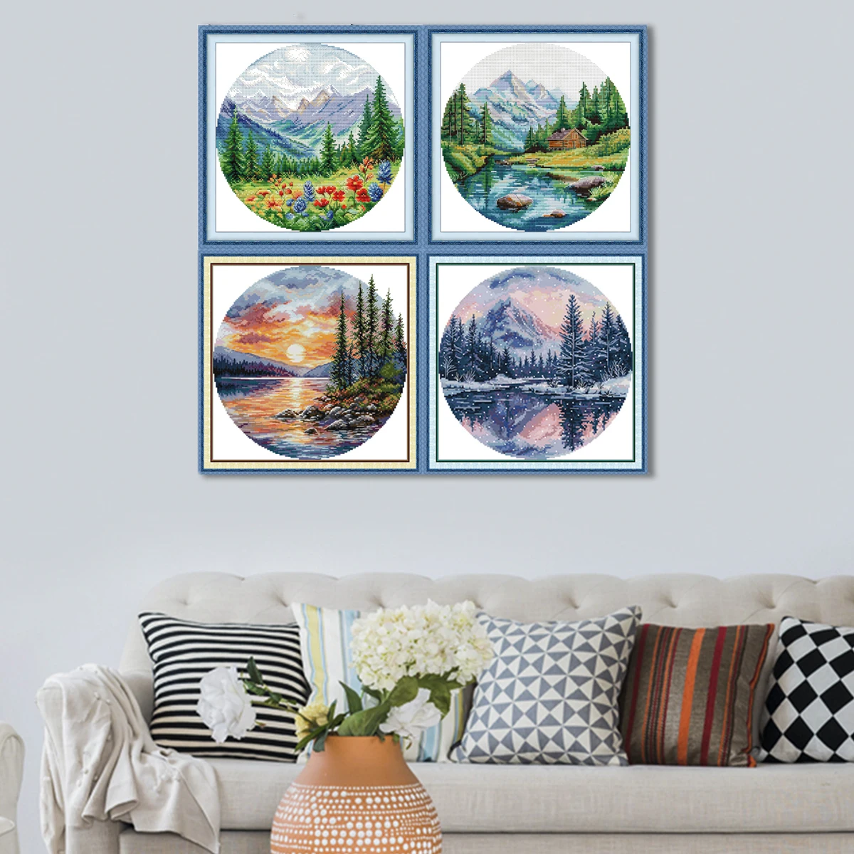 Joy Sunday Four Seasons Scenery Stamped Cross Stitch Kits 14CT 11CT Aida Fabric Printed Canvas Embroidery Kit DMC DIY Needlework