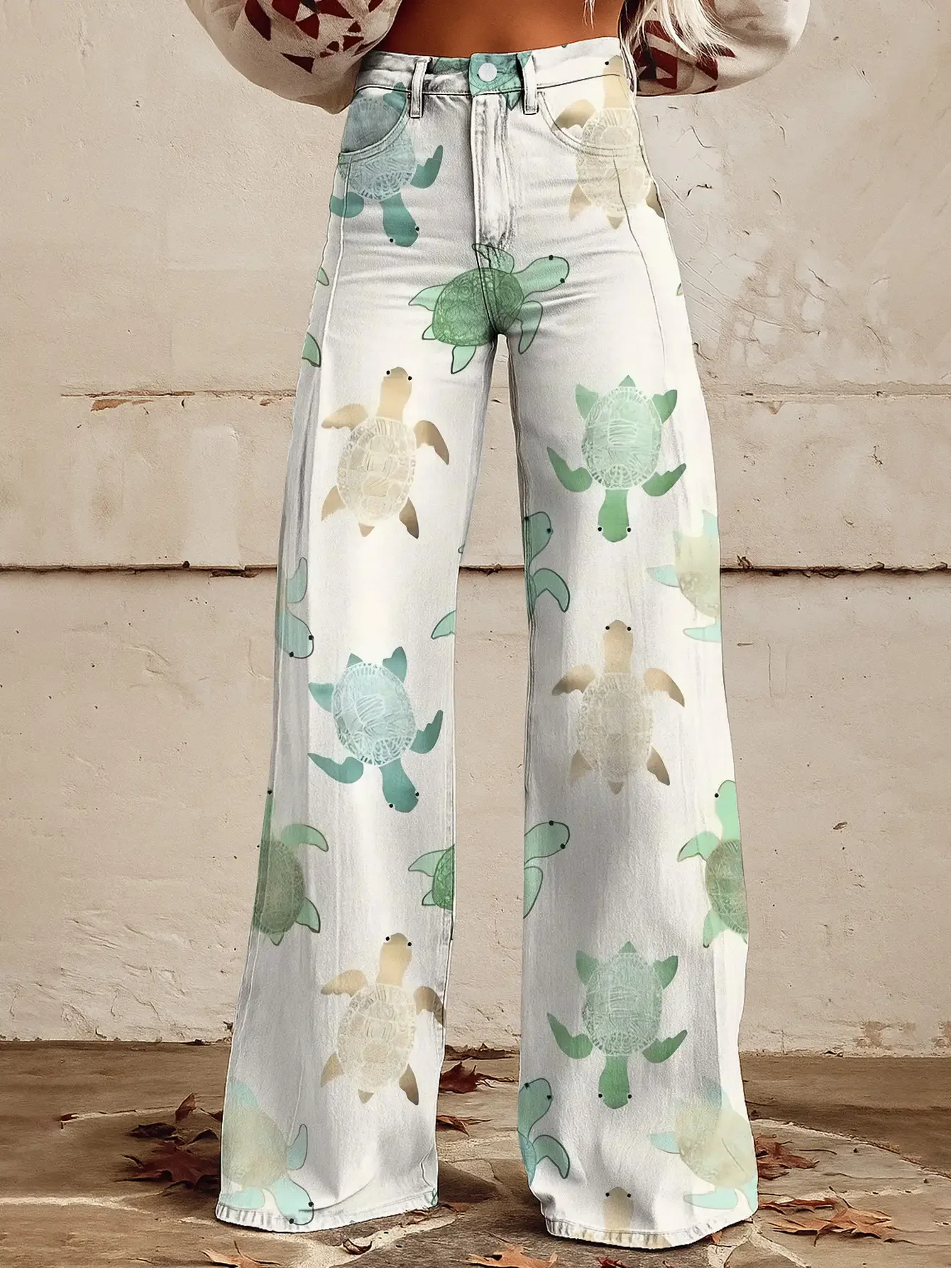 2026Women's printed exquisite pattern wide leg imitation jeans, Regular fit loose jeans suitable for adults,