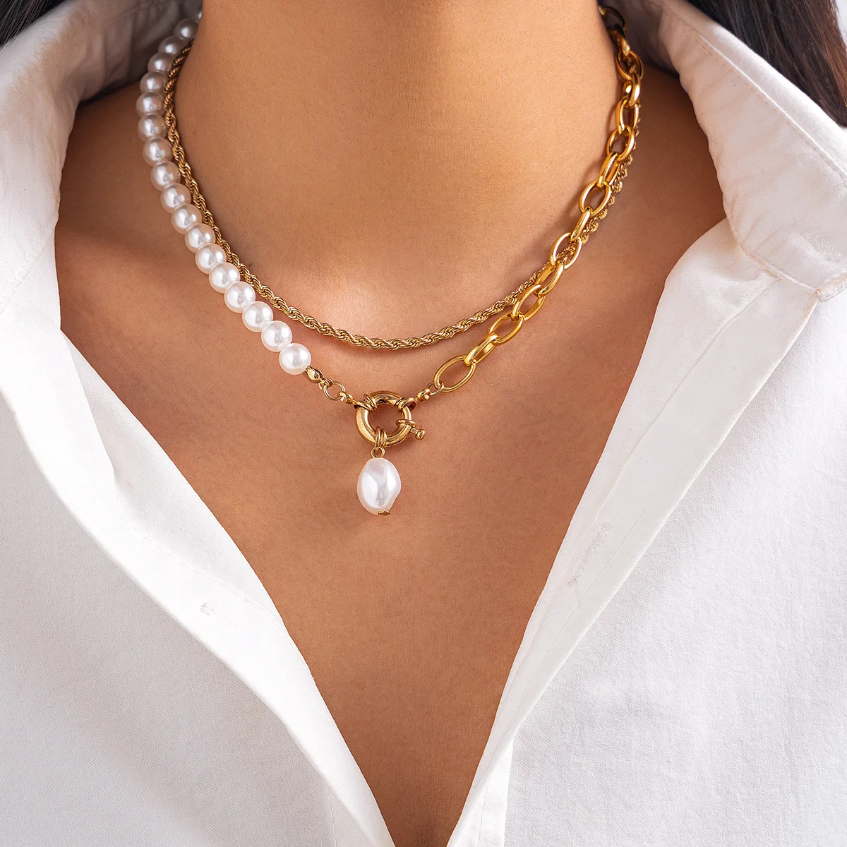 

Boho Sweet Imitation Pearl Pendant Bead Necklace Women 2024 Multi Layer Gold Color Metal Cross Chain Girls Fashion Jewelry
