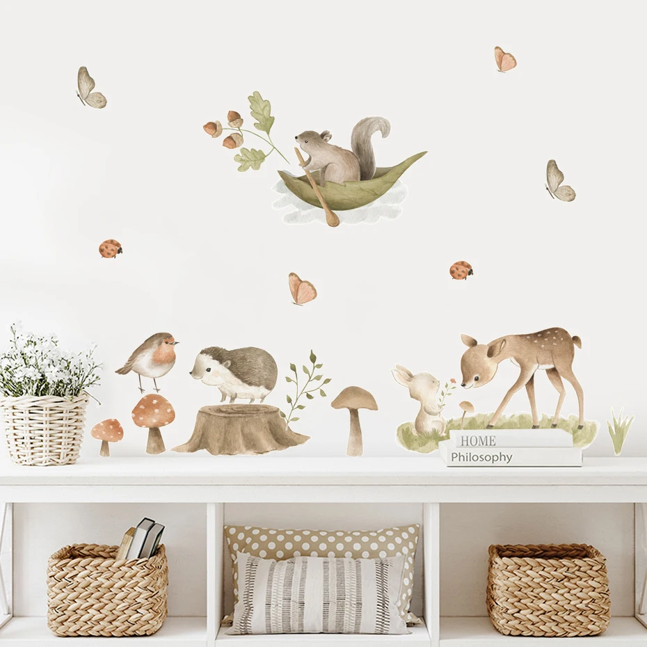 Woodland Animals Deers Bear Floral Watercolor Wall Stickers Nursery Peel and Stick Vinyl Wall Decal Mural Kids Room Home Decor