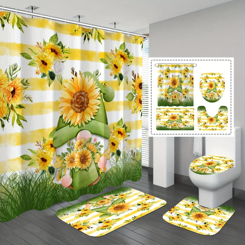 1/4PCs bright sunflowers gnomes shower curtain set, waterproof shower curtain with 12 hooks, non-slip bathroom rug, toilet U-sha