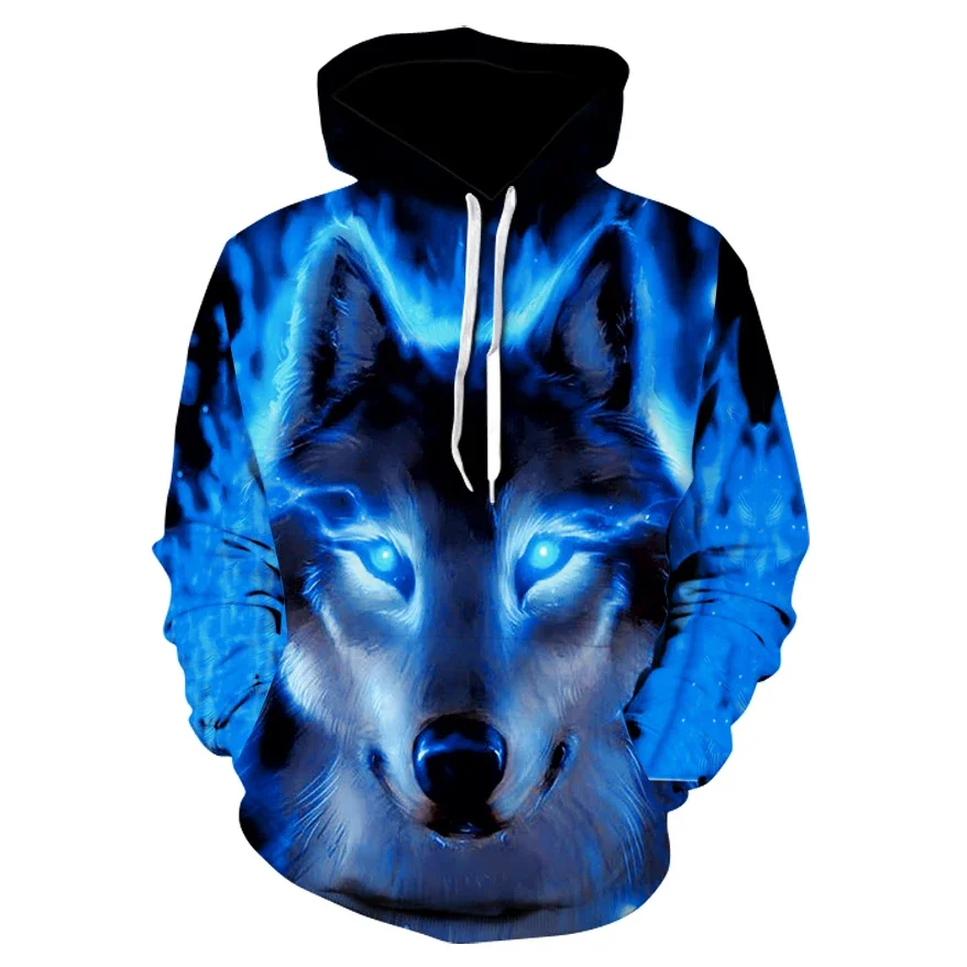 2025 Spring and Autumn Men's Junior Wolf Hoodie Fashion 3D Wolf Print Loose Street Wear Funny Animal Street Hip Hop Sweater
