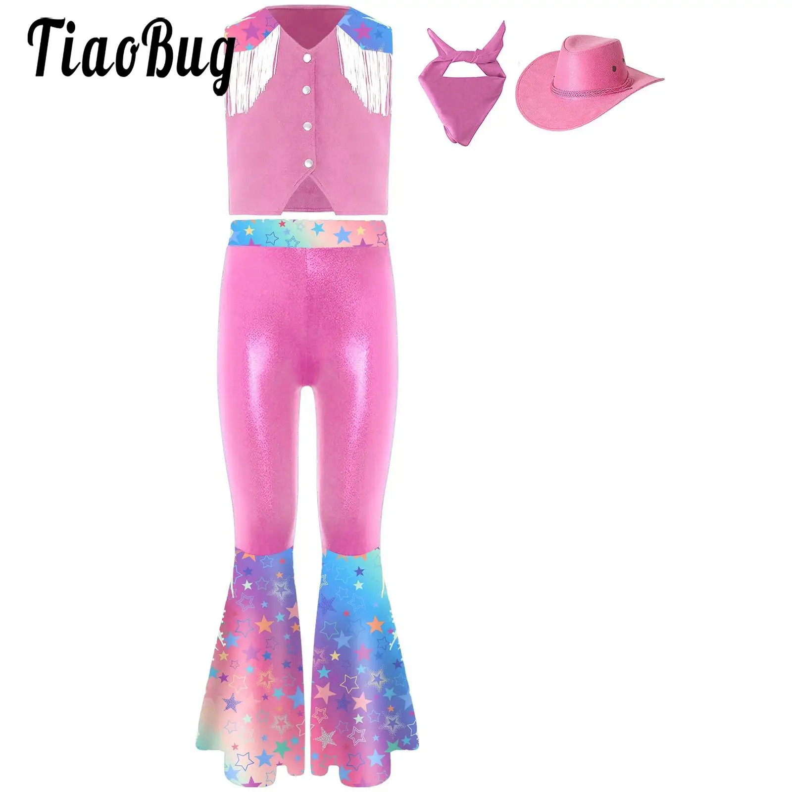 

Girls Western Cowboys Cowgirls Cosplay Halloween Costume Outfit Set Fringes Button Waistcoat and Bell-Bottomed Pants Scarf Hat