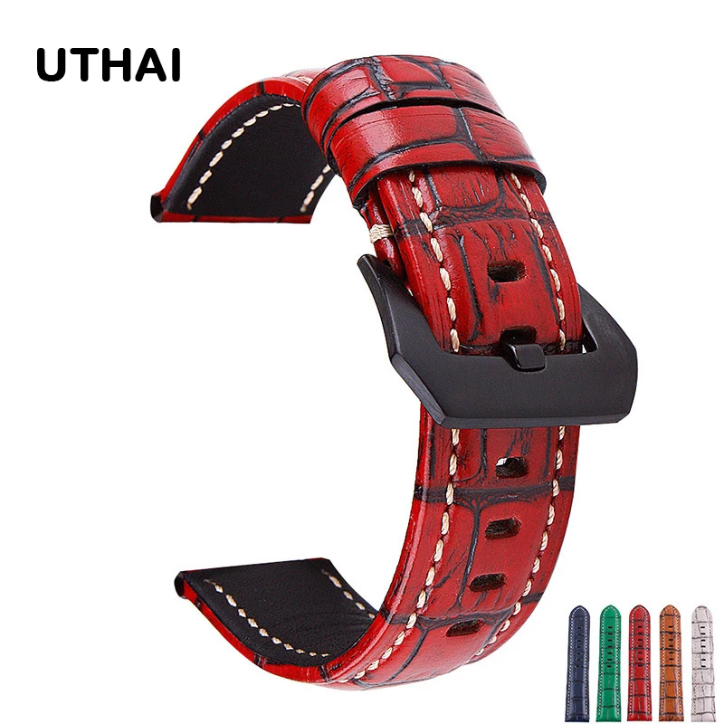 UTHAI Horloge Band Strap Sport Vintage Lederen Horlogeband Roestvrij Stalen Gesp Horloge Accessoires 20Mm 22Mm 24Mm 26Mm