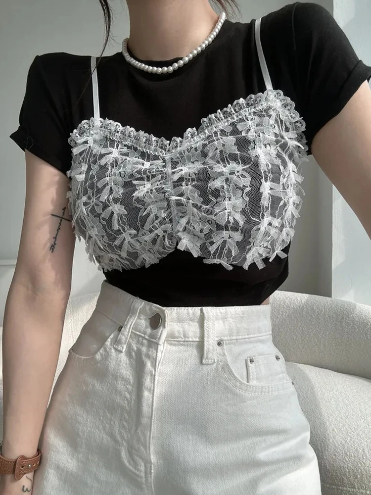 

Summer ort Sve T-irt Women's Pure Desire Lace Splicing Fake Two-Piece ort T-irt Korean Sle Slim Fit round Ne