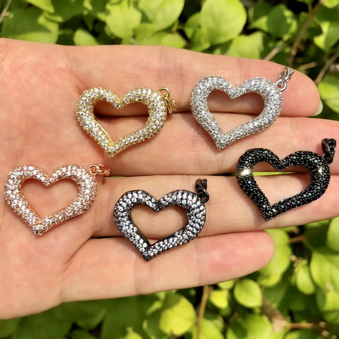 

5 Pcs Heart Charms Cubic Zircon Paved Bracelet Necklace Pendant 22.5x26 mm For Handcrafting Jewelry Accessories